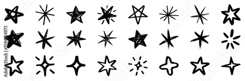 hand drawn stars and sparkles set. Grunge brush stroke stars. doodled sparks collection.  shine element pack for collage, poster, sticker, label.  Vector
