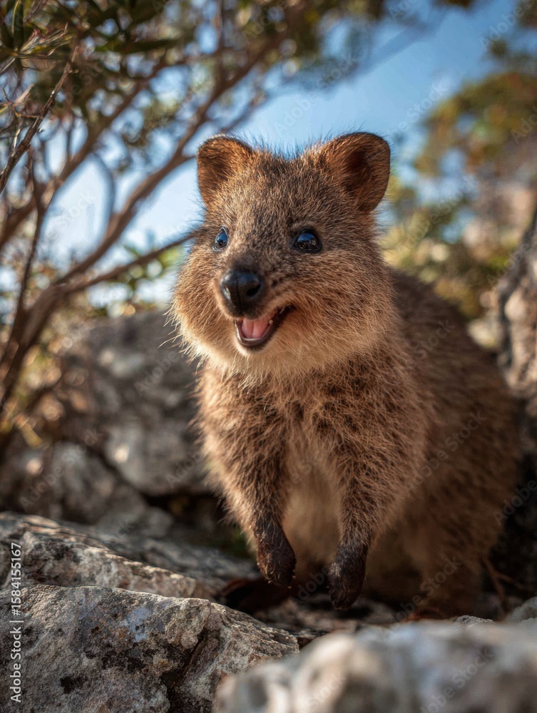Fototapeta premium Quokka Joyfully Stands on Rocky Terrain Under Bright Blue Sky, Showcasing Its Vibrant Personality in a Lively Natural Setting