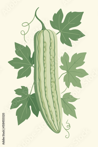 A stylized digital illustration of a bitter melon (also known as bitter gourd) hanging from a vine, surrounded by large, lobed green leaves and curling tendrils. The fruit is elongated with ridged and