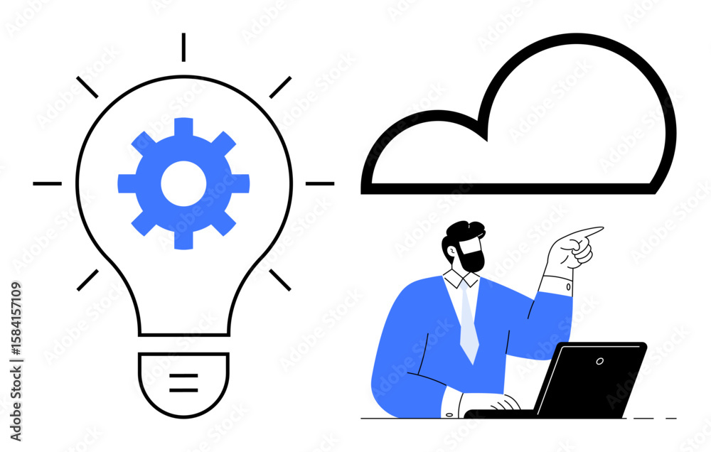 Light bulb with gear, cloud symbol, and professional pointing from laptop suggest innovation, cloud computing, and problem-solving. Ideal for teamwork, creativity, brainstorming, tech education Light bulb with gear, cloud symbol, and professional pointing from laptop suggest innovation, cloud computing, and problem-solving. Ideal for teamwork, creativity, brainstorming, tech education