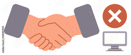 Two hands shaking alongside a red cross mark and a computer monitor. Ideal for business, communication, negotiation, digital transactions, cybersecurity, rejection, agreement. Simple flat metaphor