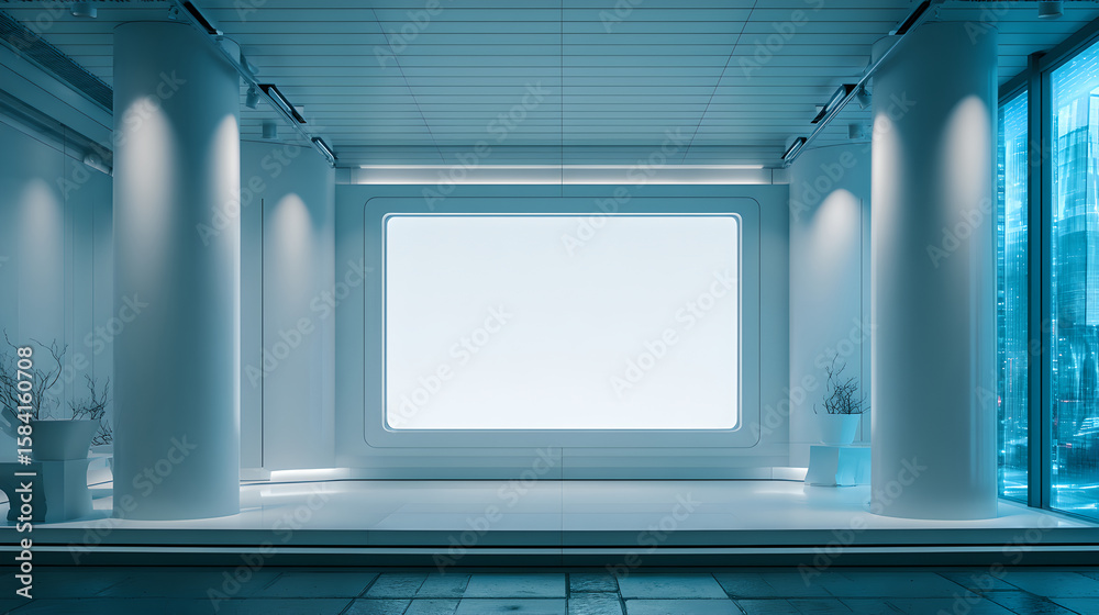 Fototapeta premium A large, blank screen is mounted on a futuristic wall in a minimalist, modern room. 