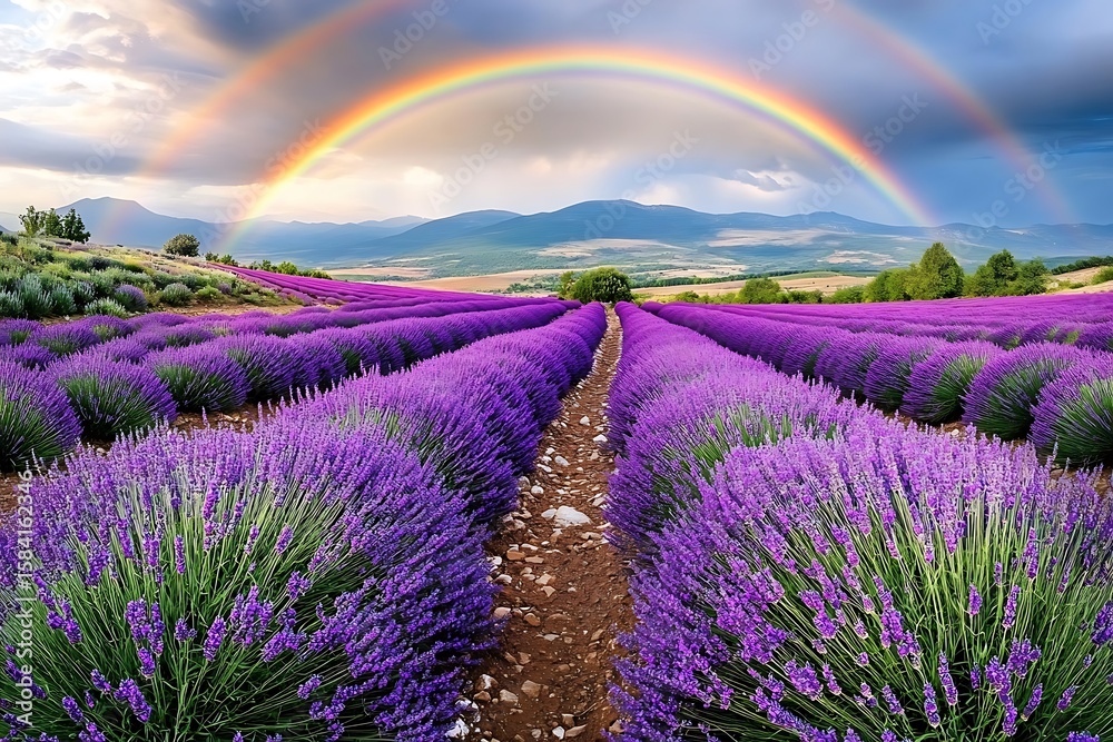 Obraz premium Lavender fields under a colorful rainbow provence scenic landscape photography serene environment wide angle view