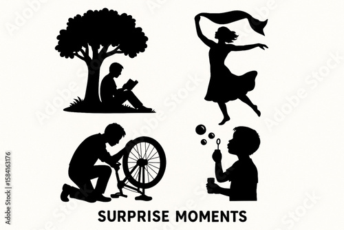 Bundle of 4 Black Silhouettes Capturing Surprise Moments in Everyday Life – Minimal Vector Set