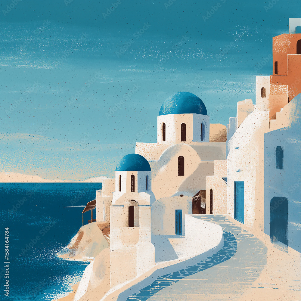 Obraz premium Picturesque santorini island with white buildings and blue domes overlooking aegean sea