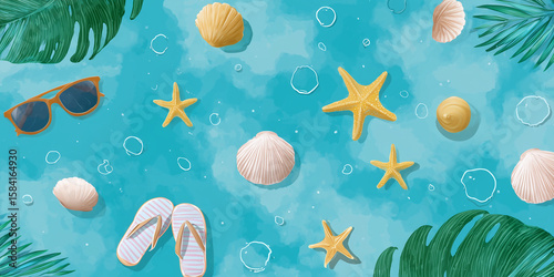 Sunglasses, flip-flops, starfishes and seashells resting on vibrant turquoise...