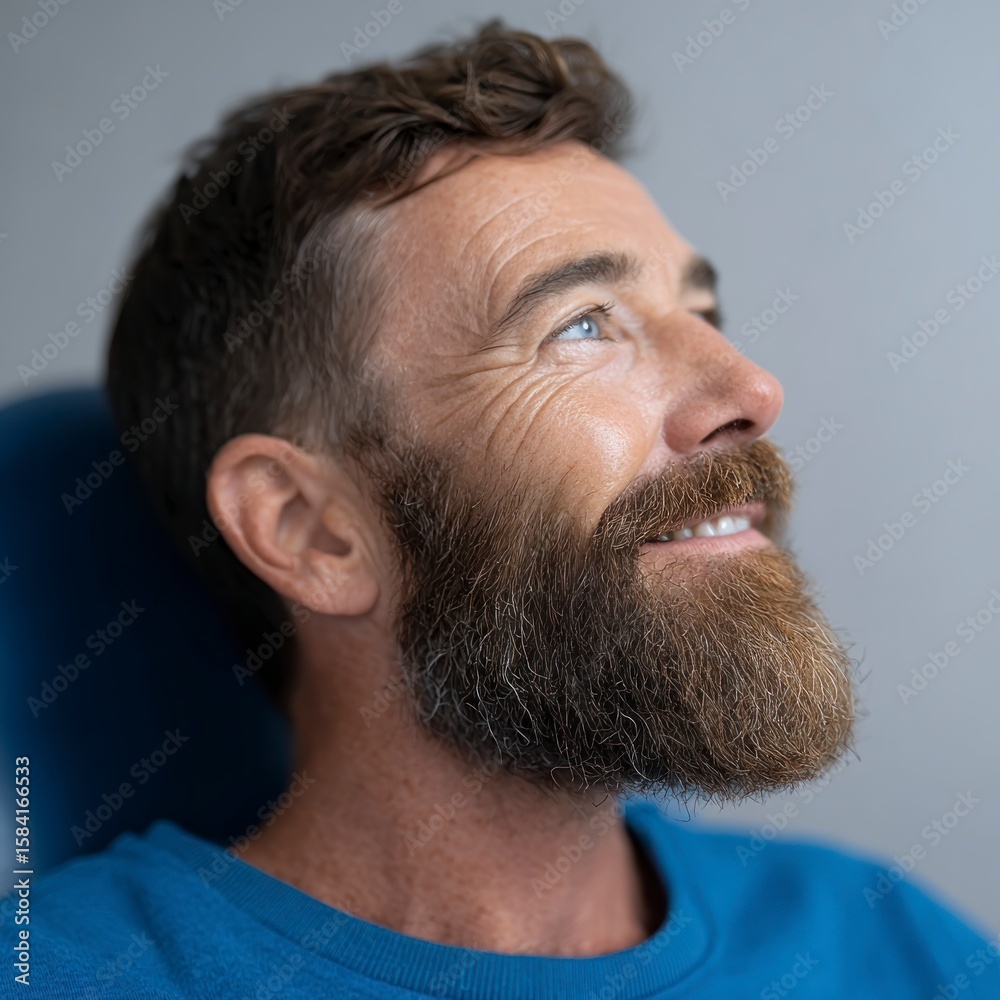 Obraz premium Middle aged man with beard and blue shirt looking up smiling close up profile