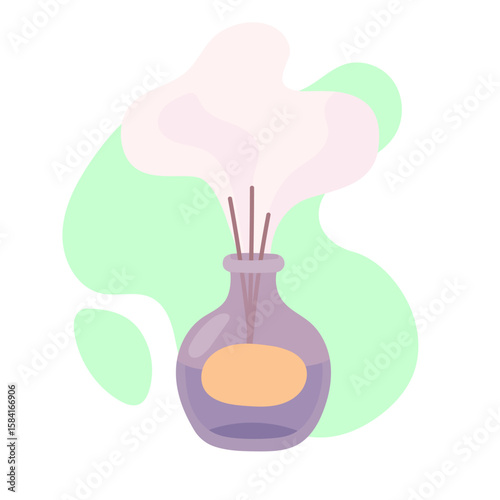 Reed diffuser releasing soft fragrance in relaxing space, diffuser filling room with calming scent, diffuser as stylish wellness decor