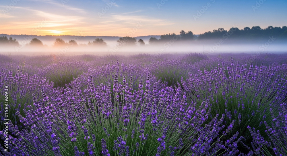 Naklejka premium Morning mist drifts over lavender fields, soft purple hues and a misty backdrop.