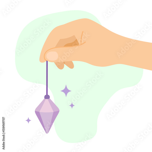 Hand holding crystal pendulum for energy healing, crystal swinging gently in peaceful space, crystal guiding spiritual awareness