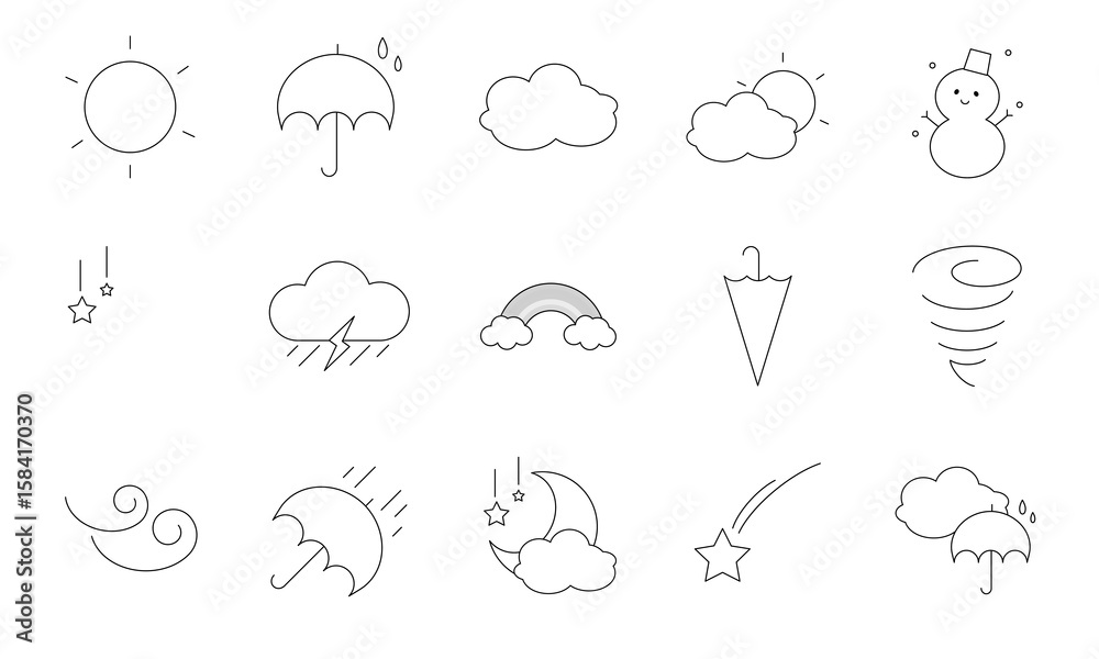 Obraz premium Simple Weather Icon Set – 15 Minimal Line Illustrations