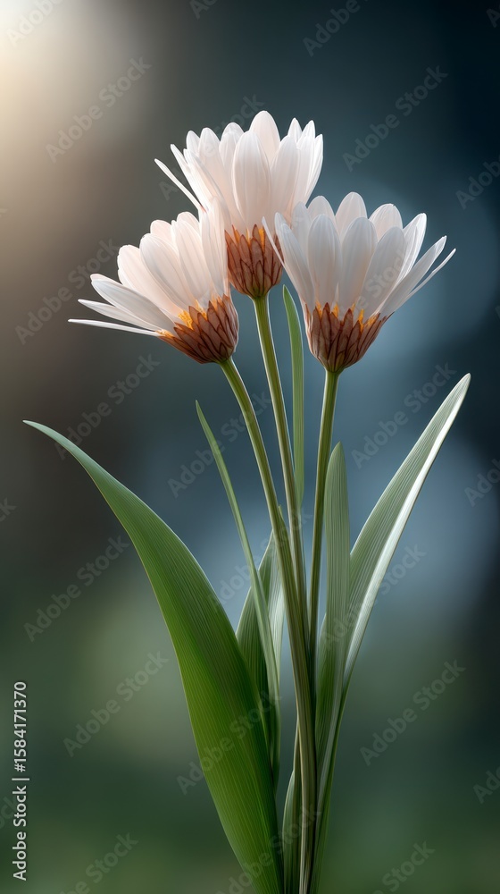 Fototapeta premium Delicate white daisy flowers with green stems and leaves against a soft blurred background