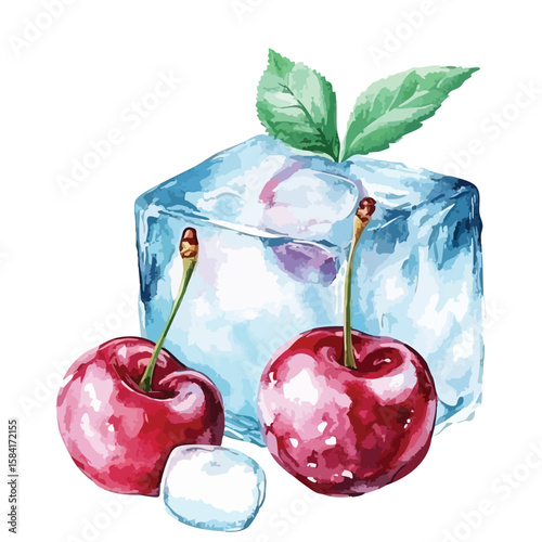 Cherry in ice cube watercolor illustration