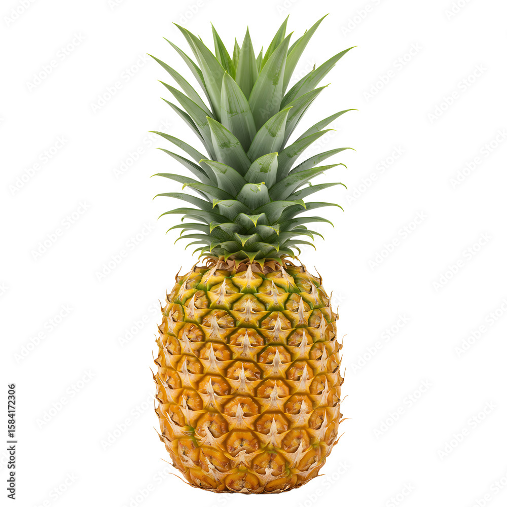 Fototapeta premium A single, ripe pineapple stands upright, showcasing its spiky leaves and textured skin against white background.