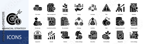 Financial Strategy icon collection set. Containing Risk management, Investing, Saving, Leverage, Risk, Profitability, Valuation icon