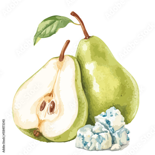 Pear with blue cheese watercolor illustration