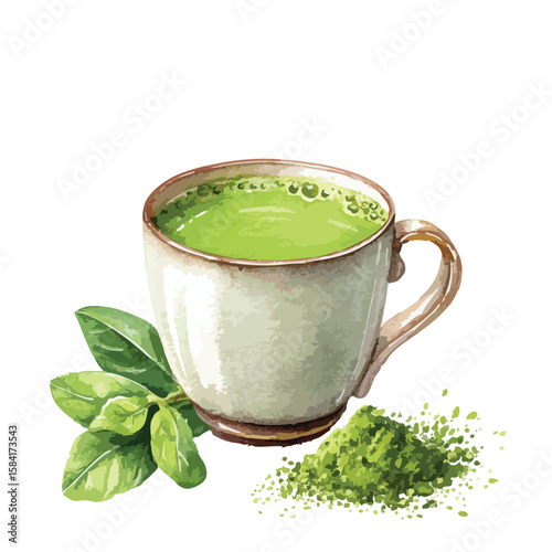 Cup of green matcha tea, watercolor illustration
