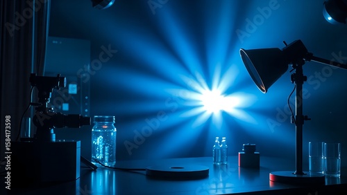 Bright disco spotlights pierce through smoke on a dark work laboratory reflective table, also creating a vibrant light show for a music concert or nightclub event