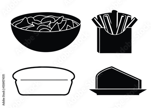 Black vector set featuring food items bowl chips