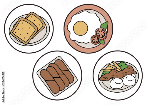 Breakfast food items on plates toast fried egg