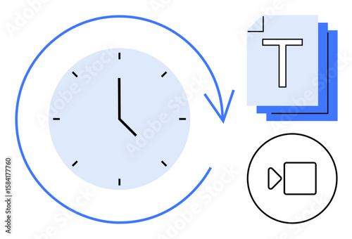 Clock with circular arrow, text documents, and video icon represent time-saving and content creation concepts. Ideal for productivity, planning, organization, time management, content strategy