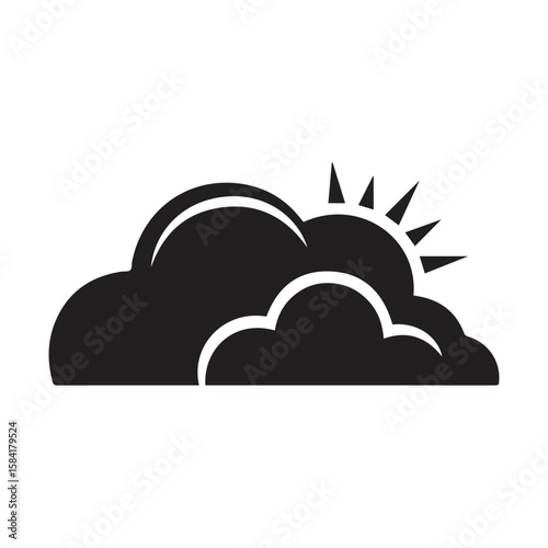 Vector art of a black cloud icon with the sun partially obscured isolated on white background