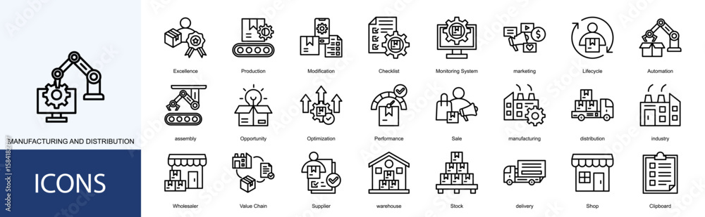 Manufacturing and Distribution icon collection set. Containing Excellence, Production, Modification, Checklist, Monitoring System, marketing icon Manufacturing and Distribution icon collection set. Containing Excellence, Production, Modification, Checklist, Monitoring System, marketing icon
