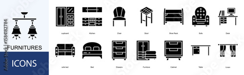 furnitures icon collection set. Containing Kitchen, Chair, Stool, Shoe Rack, Sofa, Desk icon