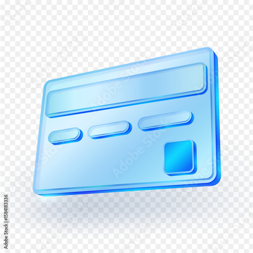 3D transparent blue glass credit card icon with a glossy surface and rounded corner, floating on a transparent background. Ideal for financial, payment icon, bank, travel. Vector illustration.