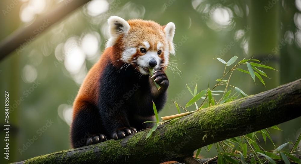 Naklejka premium Adorable Red Panda Enjoying a Tranquil Moment on a Mossy Branch Amidst Lush Bamboo, Capturing Serenity and Wild Beauty.