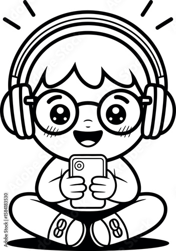Cartoon boy with headphones and phone vector illustration line art design