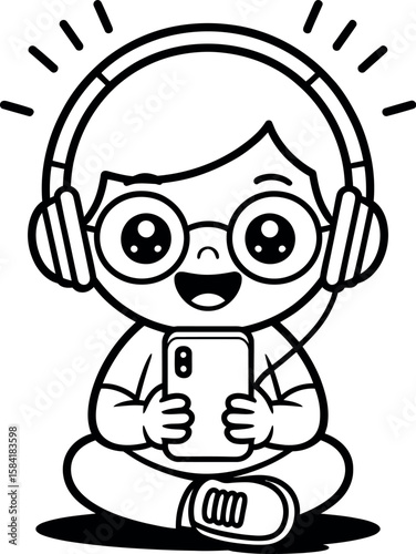 Coloring page of kid with headphones and phone for children's activity book