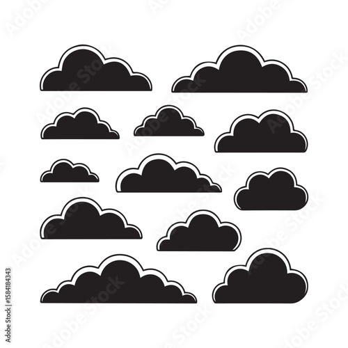 Vector art of a collection of cloud shapes isolated on white background creates a whimsical and dreamy atmosphere