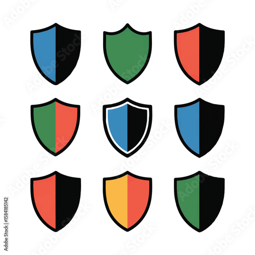 Vector art of a collection of colorful shield icons isolated on white background symbolizes security