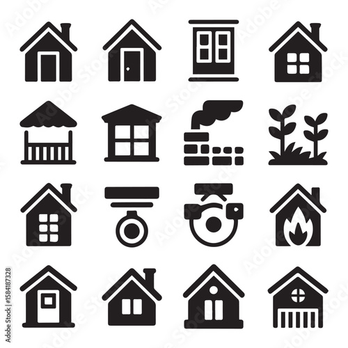 Vector art of a collection of house icons represents various architectural styles isolated on white background