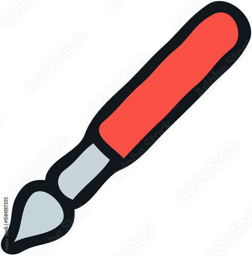 A red-handled paintbrush with a gray, pointed bristle head.