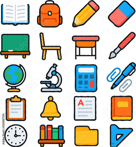 Collection of colorful flat icons representing school supplies and educational tools.