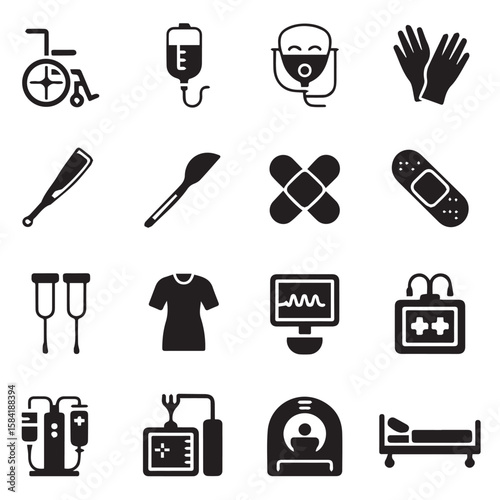Vector art of a collection of medical equipment icons isolated on white background