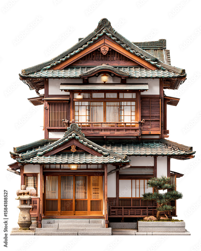 Naklejka premium Detailed Two Story Traditional Japanese Wooden House with Tiled Roof and Stone Lantern Isolated on Transparent Background for Architectural Design Projects, PNG