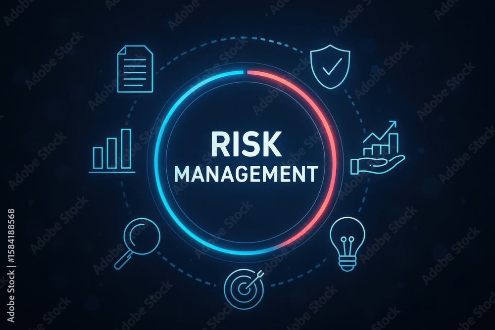Obraz premium Risk management concept with icons representing analysis strategy protection and growth on a dark background