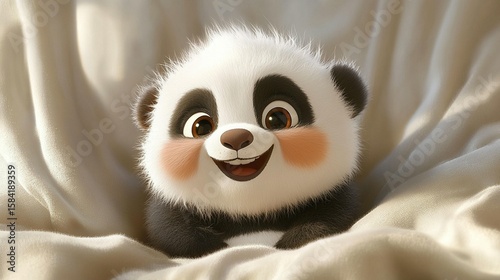 Cute cartoon panda with a happy expression, nestled in soft fabric