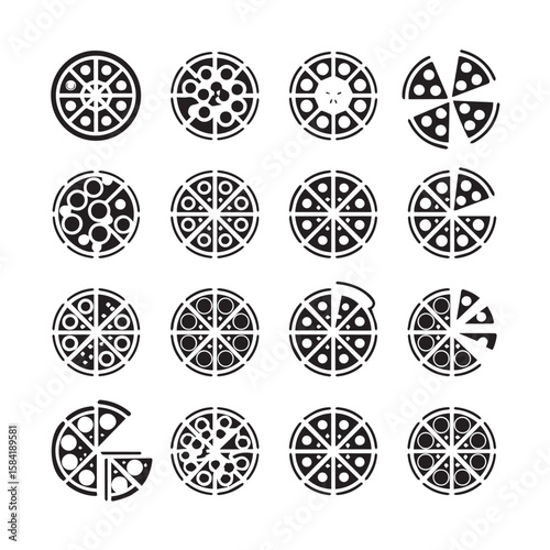 Vector art of a collection of pizza icons with various toppings and slices isolated on white background