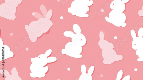 Cute white bunny silhouettes and polka dots are scattered on light pink background in a seamless pattern.