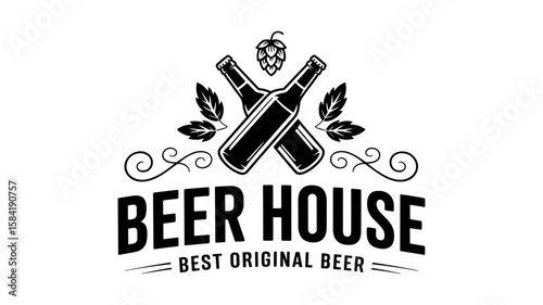 Vintage beer house logo with crossed bottles and hops design