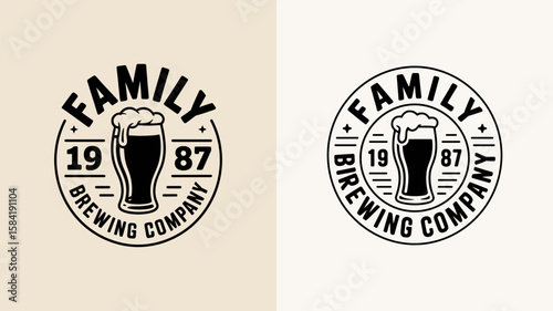 Vintage family brewing company emblem with a glass of beer and froth
