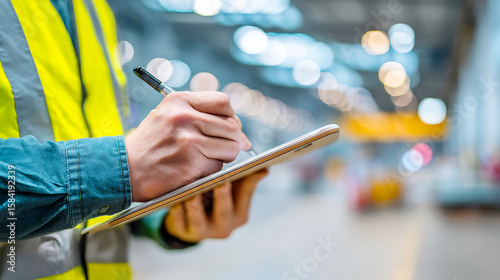 Worker in high visibility vest writing on a tablet in a warehouse