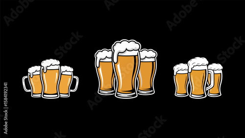 Collection of stylized beer glasses filled with golden beer and frothy white foam