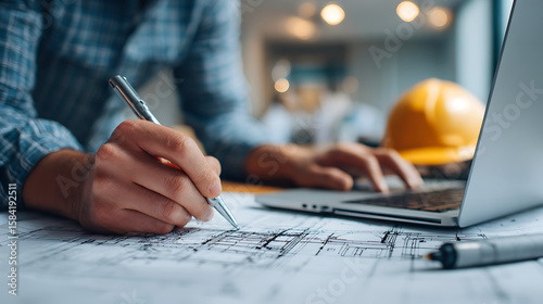 Architect or engineer reviewing blueprints and working on a laptop with hard hat nearby