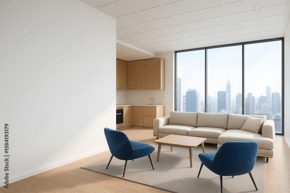 Modern apartment living room with a view of a city skyline featuring a sectional sofa blue accent chairs and a small kitchen area Modern apartment living room with a view of a city skyline featuring a sectional sofa blue accent chairs and a small kitchen area