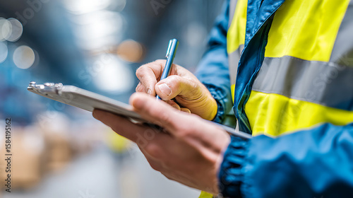 Warehouse worker in high visibility vest writing on clipboard